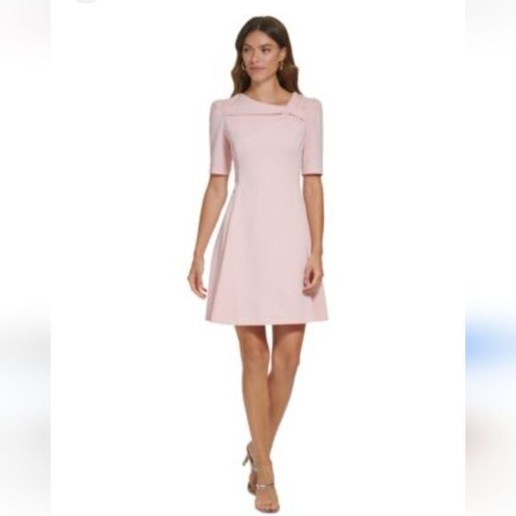 NWT DKNY Pink Fold-Over Neck, Fit and Flare Dress.Soft Girl,Old Money. Elegance - Picture 1 of 15